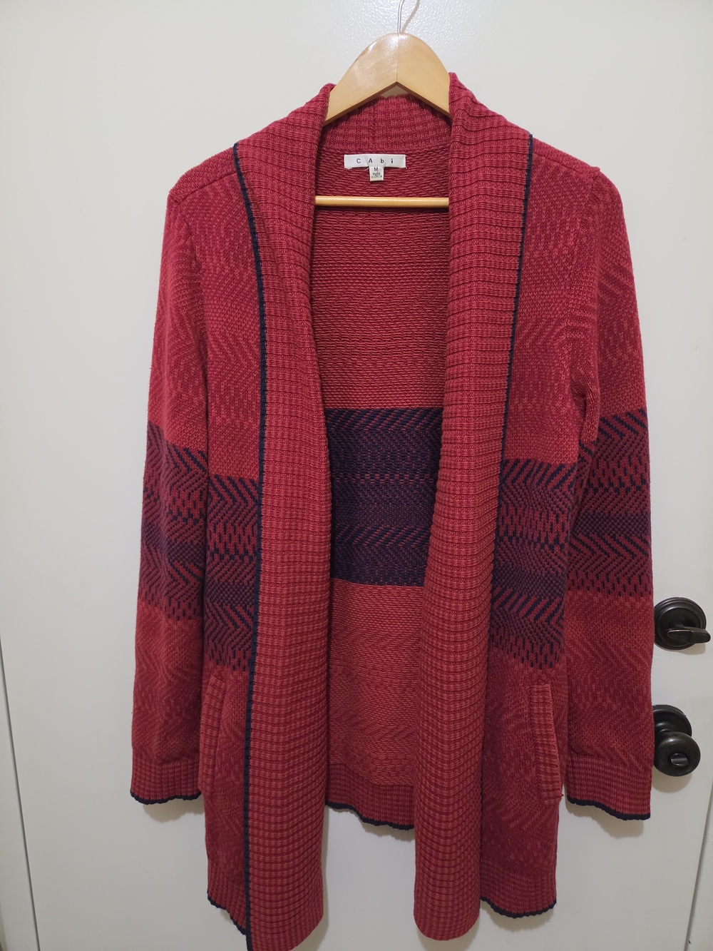 CAbi Red Open-Front Patterned Cardigan Sweater